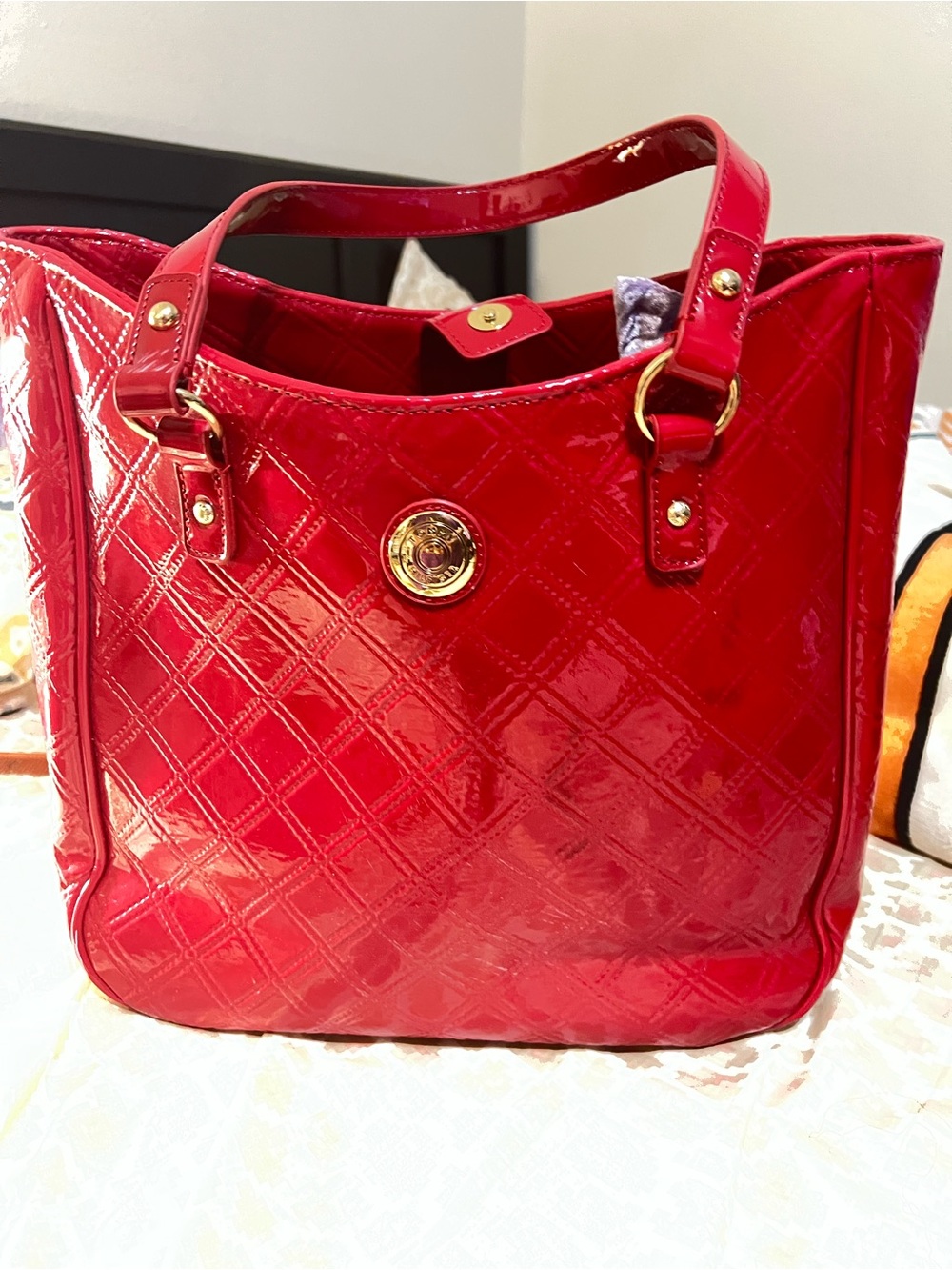Tommy Hilfiger, Red Patent Quilted Tote Bag with Gold Accent